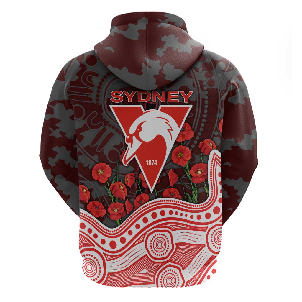 Sydney Swans ANZAC Day Zip Hoodie Indigenous Dot Art with Poppy Flower Tribute