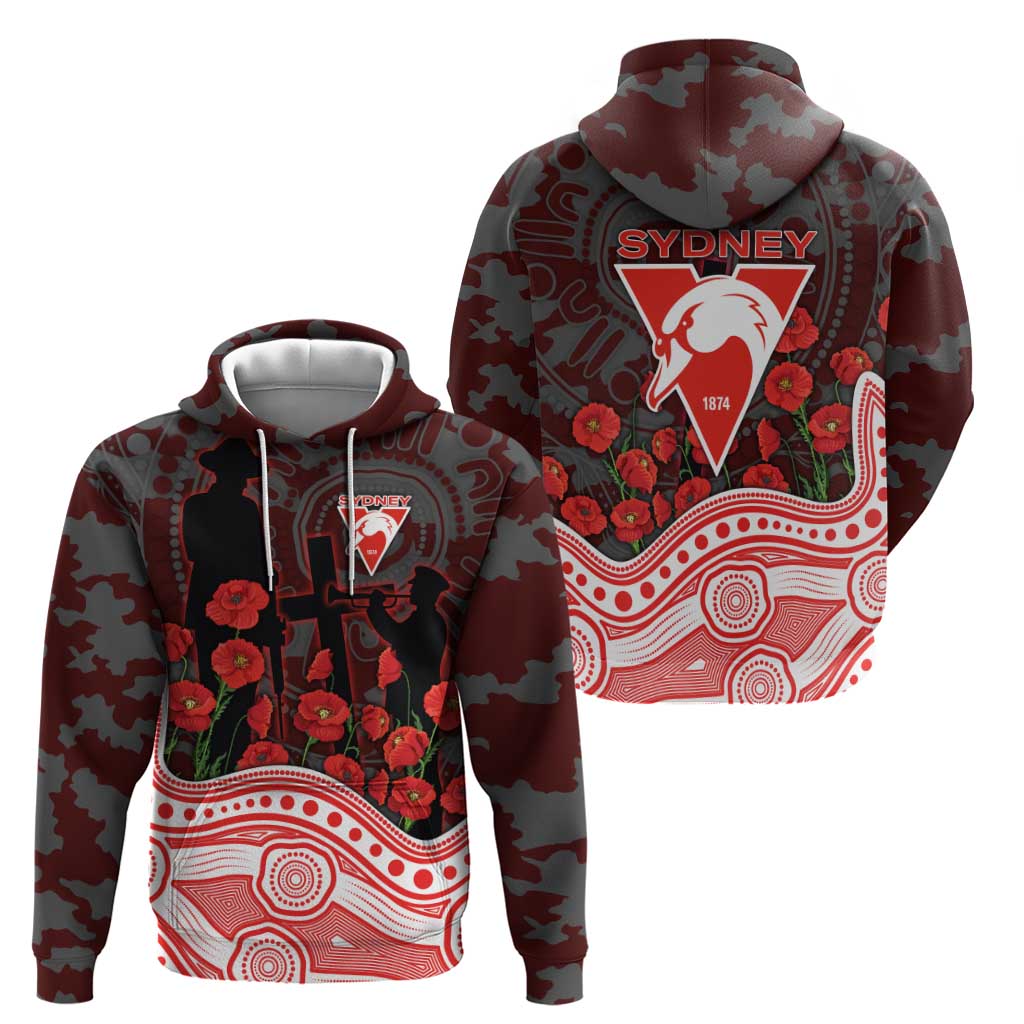 Sydney Swans ANZAC Day Zip Hoodie Indigenous Dot Art with Poppy Flower Tribute