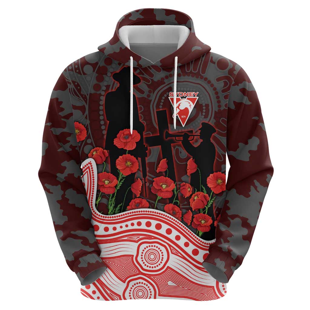 Sydney Swans ANZAC Day Zip Hoodie Indigenous Dot Art with Poppy Flower Tribute