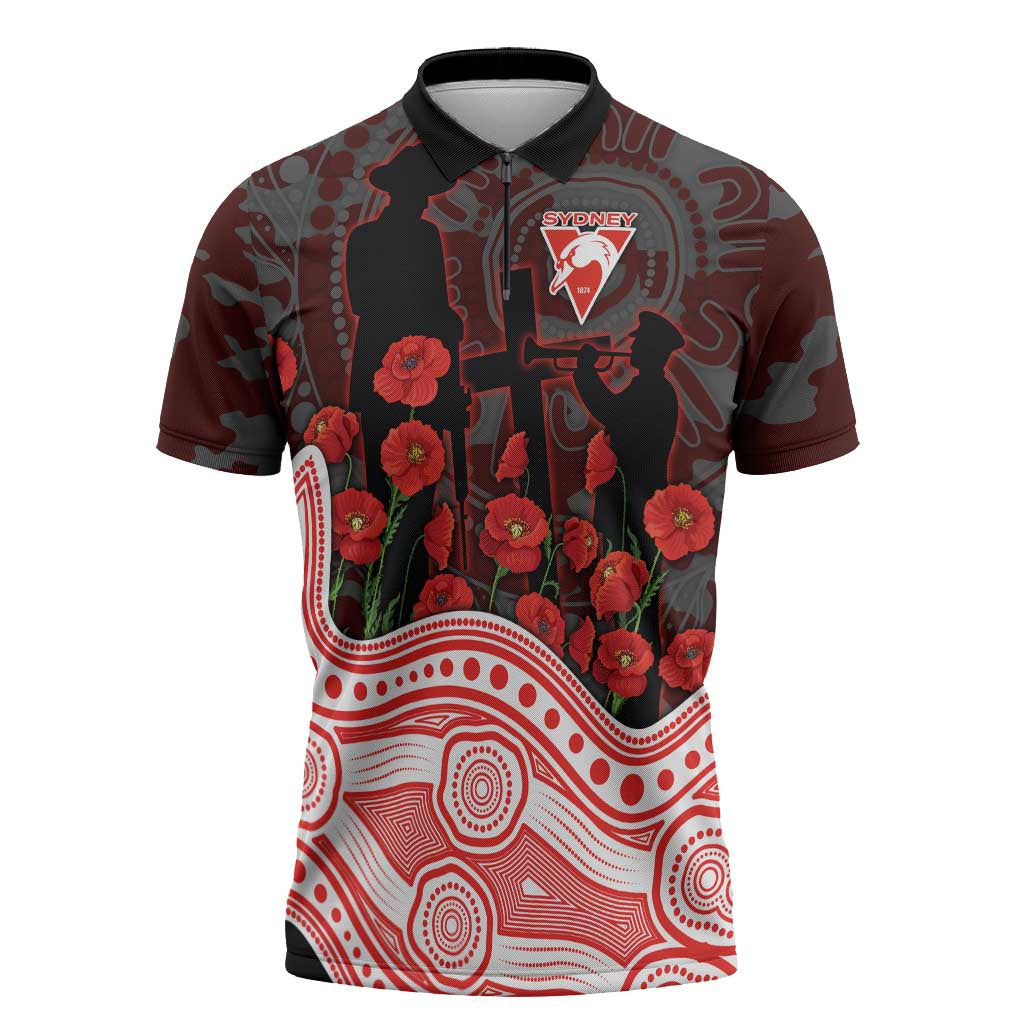 Sydney Swans ANZAC Day Zipper Polo Shirt Indigenous Dot Art with Poppy Flower Tribute