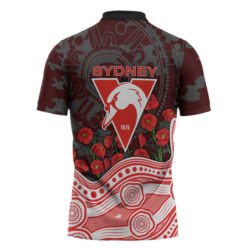 Sydney Swans ANZAC Day Zipper Polo Shirt Indigenous Dot Art with Poppy Flower Tribute