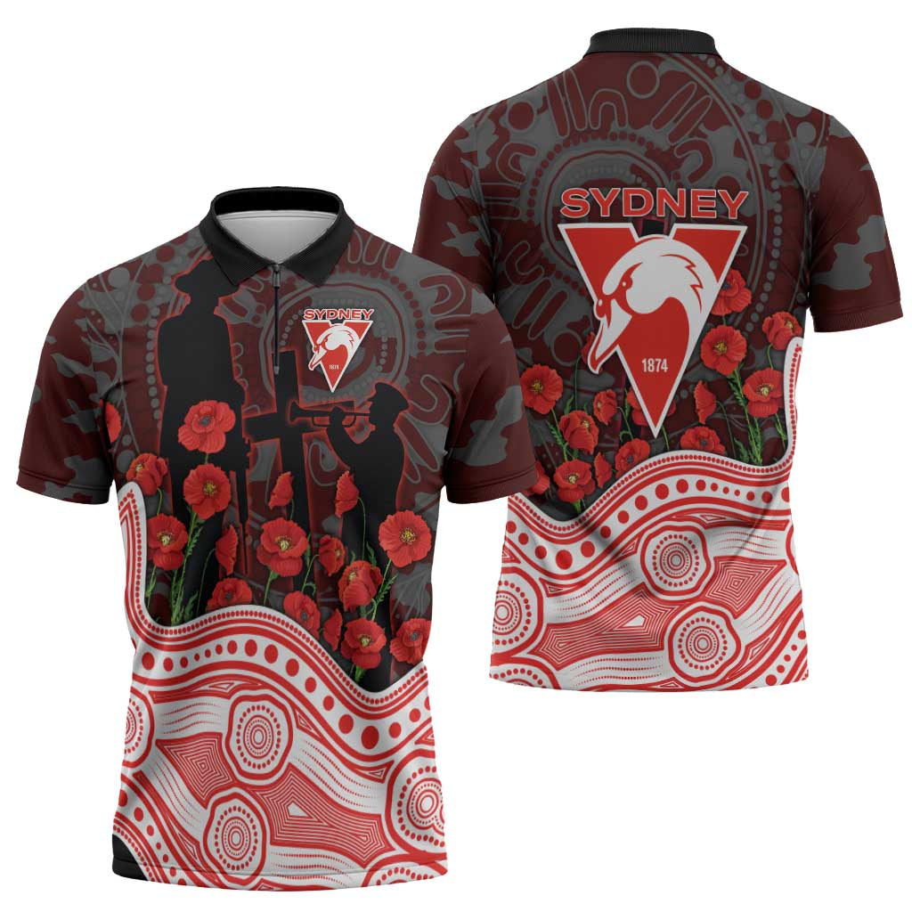 Sydney Swans ANZAC Day Zipper Polo Shirt Indigenous Dot Art with Poppy Flower Tribute