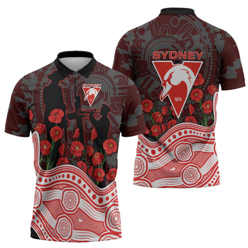 Sydney Swans ANZAC Day Zipper Polo Shirt Indigenous Dot Art with Poppy Flower Tribute