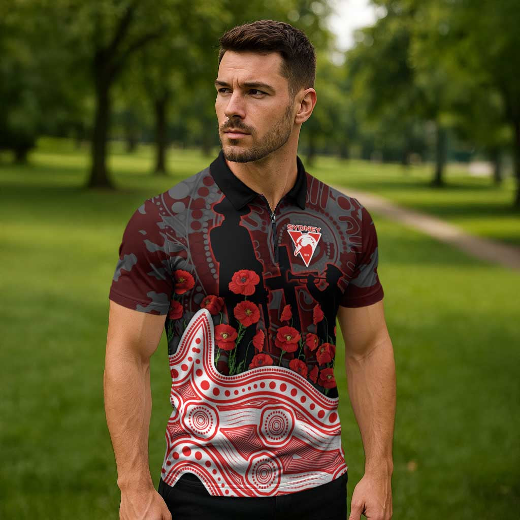 Sydney Swans ANZAC Day Zipper Polo Shirt Indigenous Dot Art with Poppy Flower Tribute