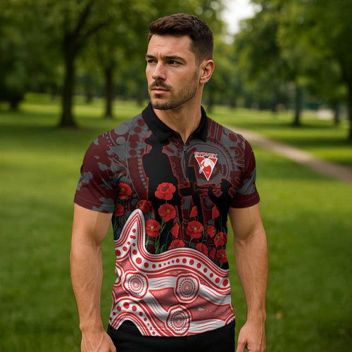 Sydney Swans ANZAC Day Zipper Polo Shirt Indigenous Dot Art with Poppy Flower Tribute