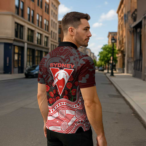 Sydney Swans ANZAC Day Zipper Polo Shirt Indigenous Dot Art with Poppy Flower Tribute