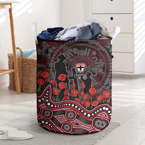 St Kilda Saints ANZAC Day Laundry Basket Indigenous Dot Art with Poppy Flower Tribute