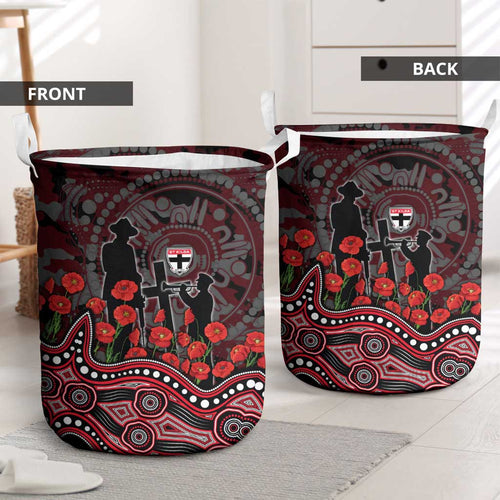 St Kilda Saints ANZAC Day Laundry Basket Indigenous Dot Art with Poppy Flower Tribute