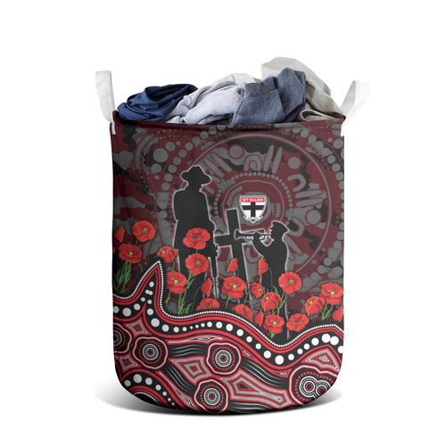 St Kilda Saints ANZAC Day Laundry Basket Indigenous Dot Art with Poppy Flower Tribute