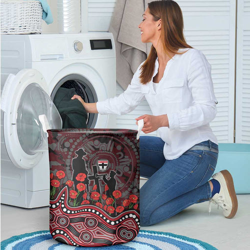 St Kilda Saints ANZAC Day Laundry Basket Indigenous Dot Art with Poppy Flower Tribute