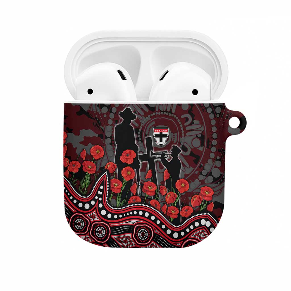 St Kilda Saints ANZAC Day AirPods Case Indigenous Dot Art with Poppy Flower Tribute