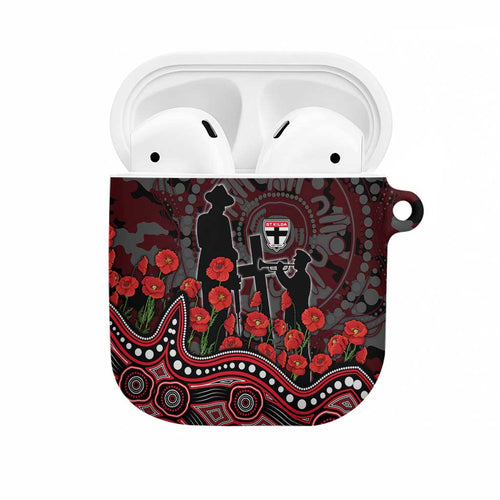 St Kilda Saints ANZAC Day AirPods Case Indigenous Dot Art with Poppy Flower Tribute