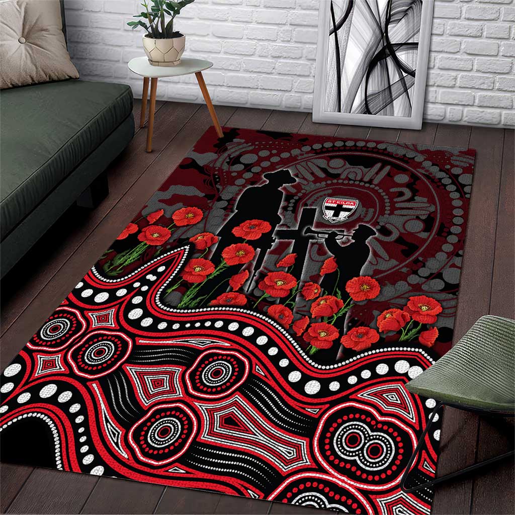 St Kilda Saints ANZAC Day Area Rug Indigenous Dot Art with Poppy Flower Tribute