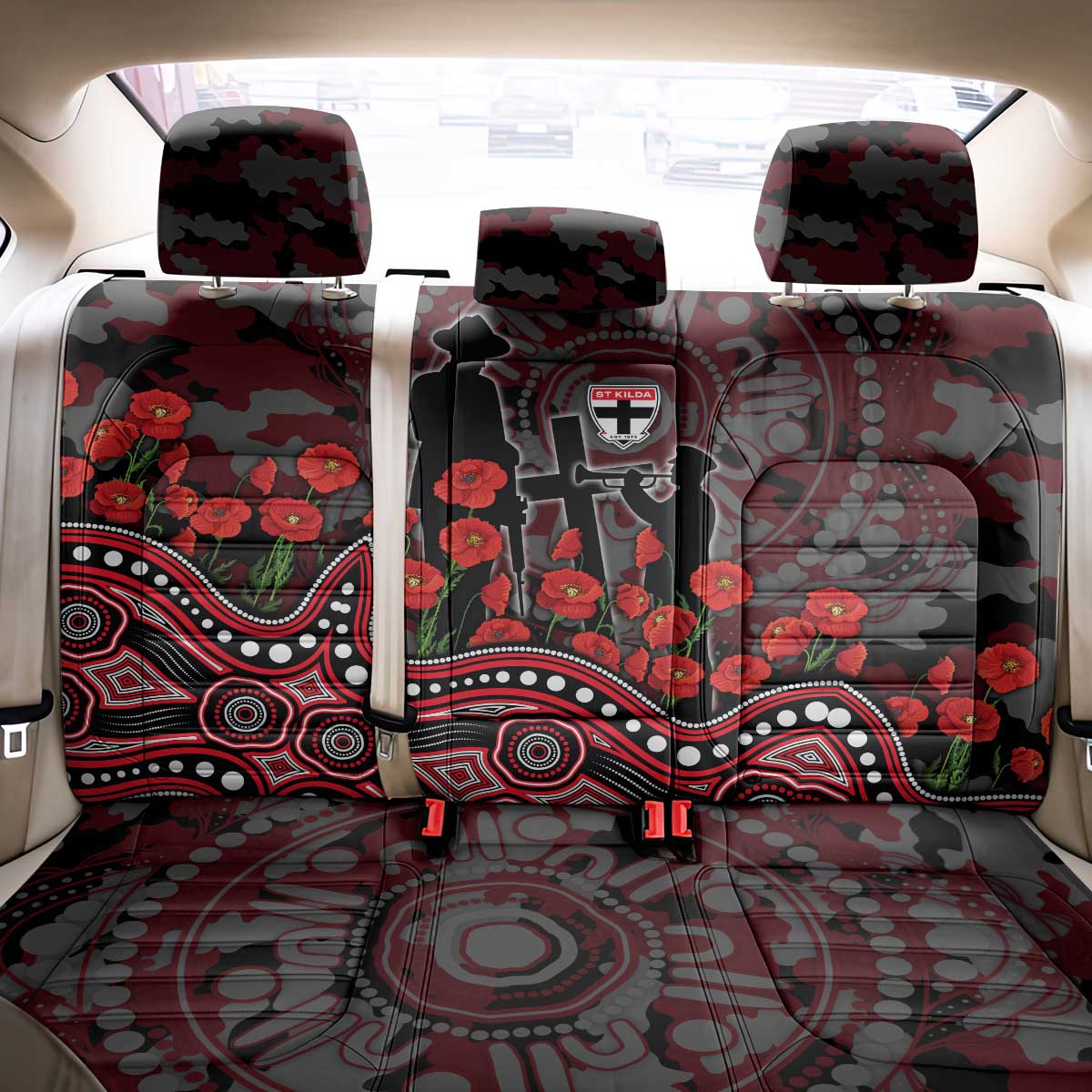 St Kilda Saints ANZAC Day Back Car Seat Cover Indigenous Dot Art with Poppy Flower Tribute