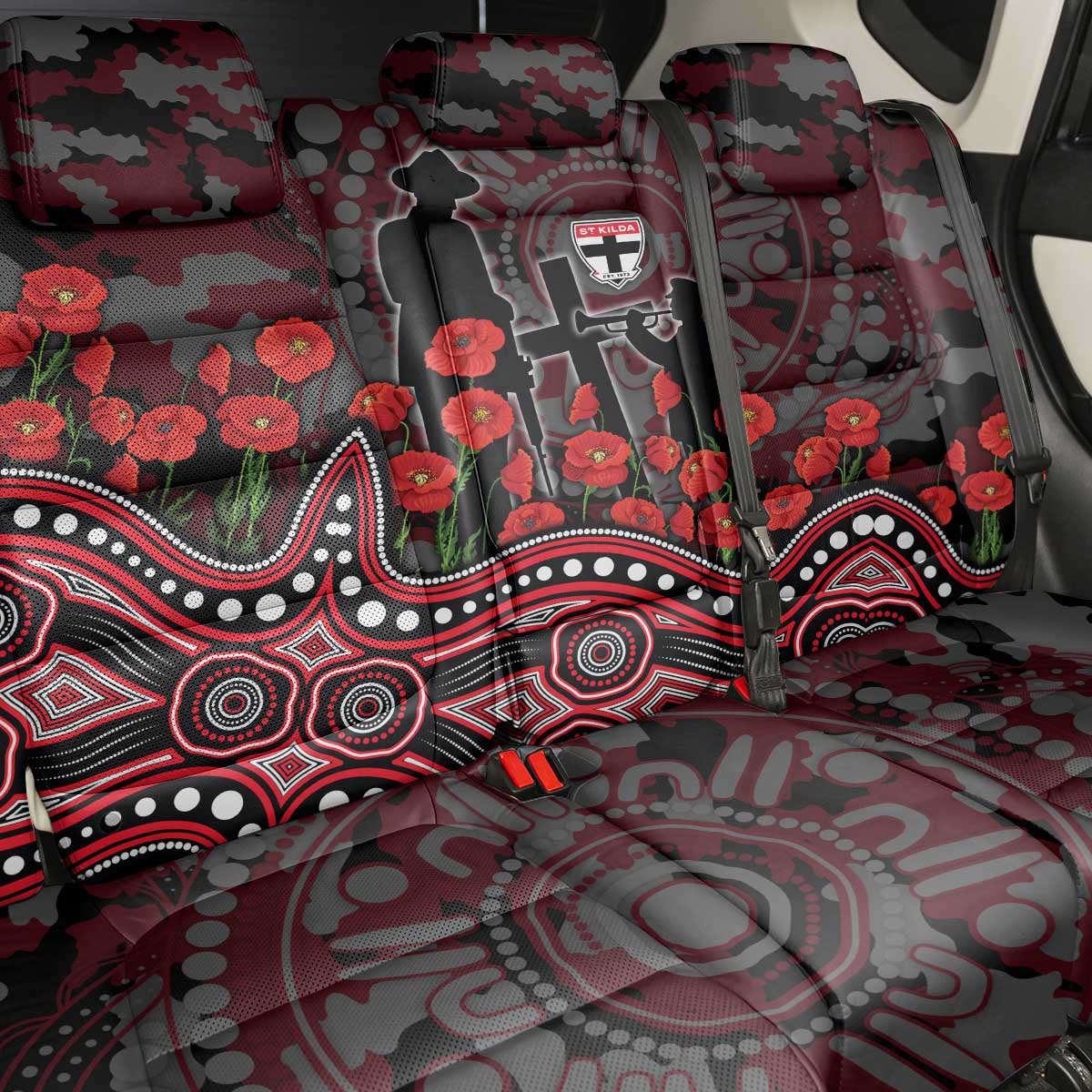 St Kilda Saints ANZAC Day Back Car Seat Cover Indigenous Dot Art with Poppy Flower Tribute