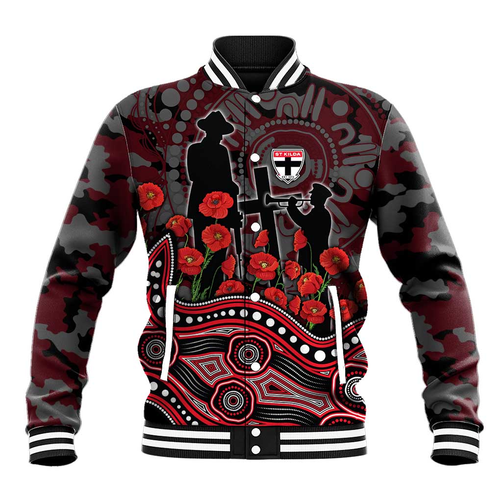 St Kilda Saints ANZAC Day Baseball Jacket Indigenous Dot Art with Poppy Flower Tribute