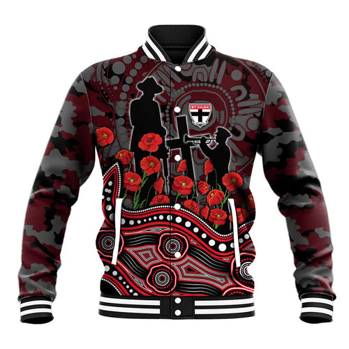 St Kilda Saints ANZAC Day Baseball Jacket Indigenous Dot Art with Poppy Flower Tribute