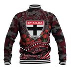 St Kilda Saints ANZAC Day Baseball Jacket Indigenous Dot Art with Poppy Flower Tribute