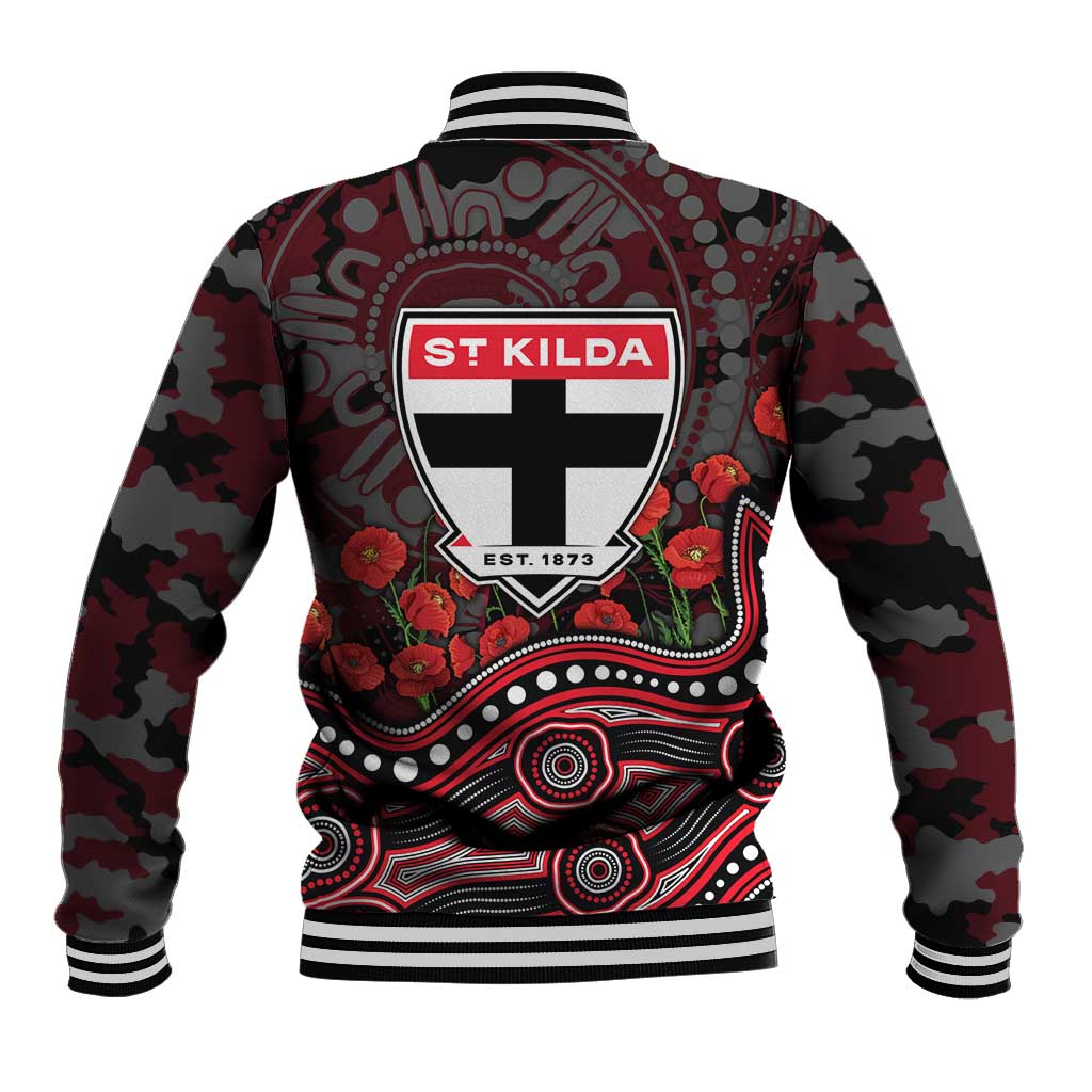 St Kilda Saints ANZAC Day Baseball Jacket Indigenous Dot Art with Poppy Flower Tribute