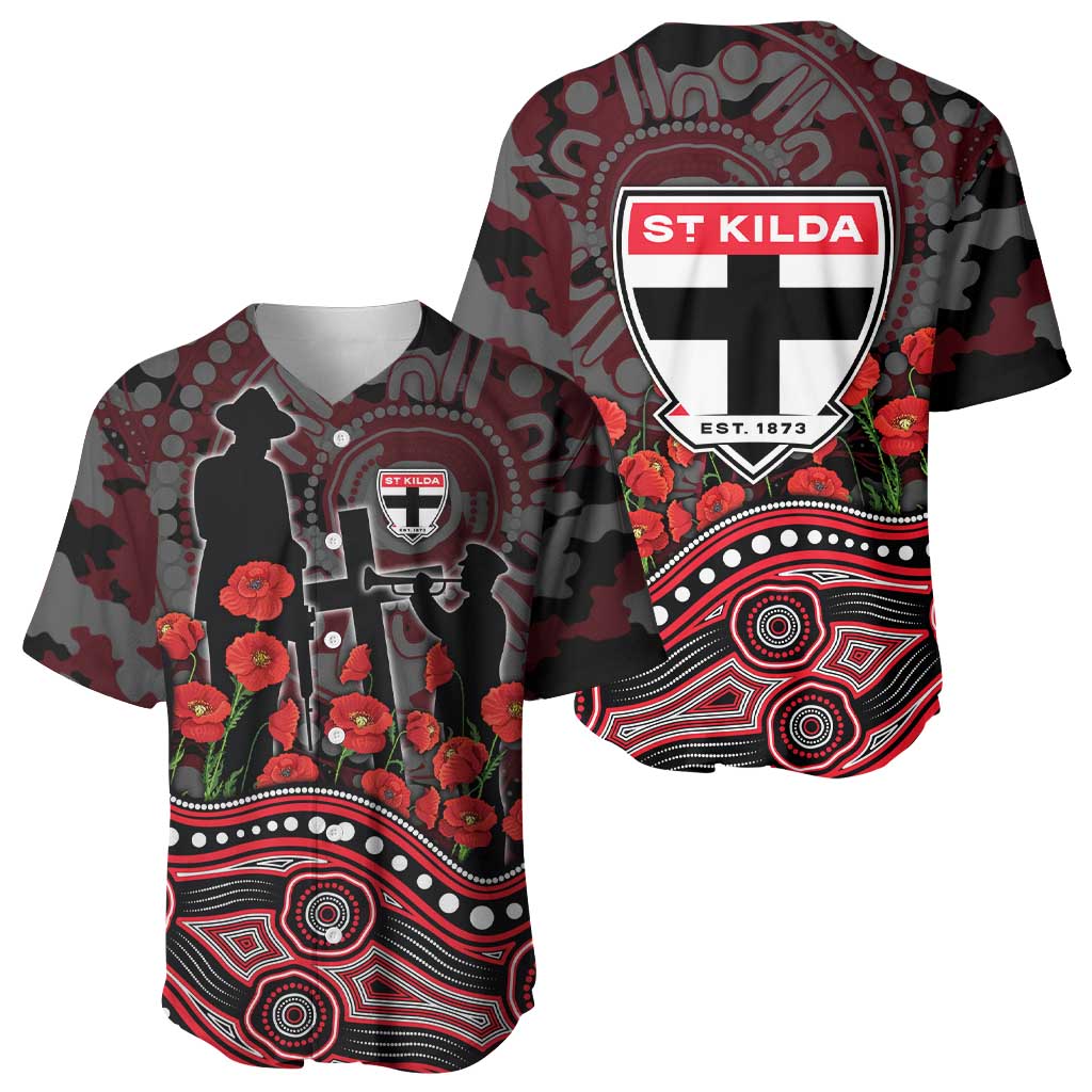 St Kilda Saints ANZAC Day Baseball Jersey Indigenous Dot Art with Poppy Flower Tribute