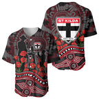 St Kilda Saints ANZAC Day Baseball Jersey Indigenous Dot Art with Poppy Flower Tribute