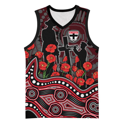St Kilda Saints ANZAC Day Basketball Jersey Indigenous Dot Art with Poppy Flower Tribute