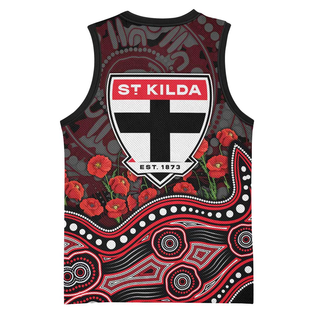 St Kilda Saints ANZAC Day Basketball Jersey Indigenous Dot Art with Poppy Flower Tribute