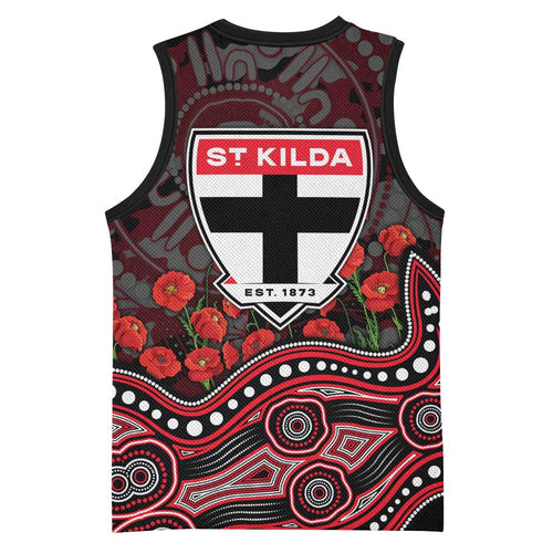 St Kilda Saints ANZAC Day Basketball Jersey Indigenous Dot Art with Poppy Flower Tribute