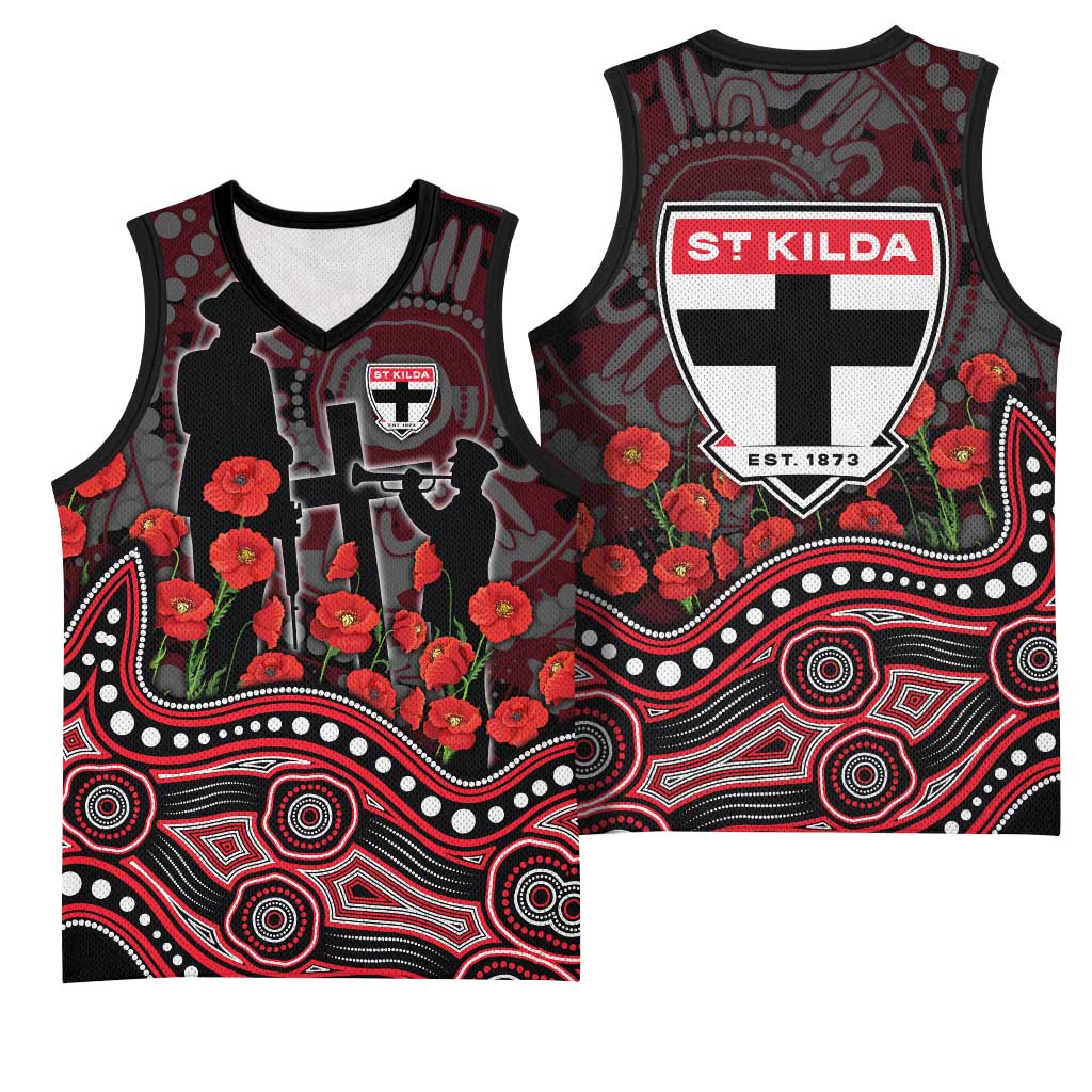 St Kilda Saints ANZAC Day Basketball Jersey Indigenous Dot Art with Poppy Flower Tribute