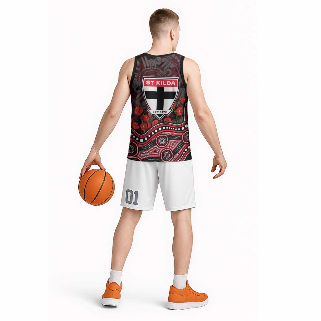 St Kilda Saints ANZAC Day Basketball Jersey Indigenous Dot Art with Poppy Flower Tribute