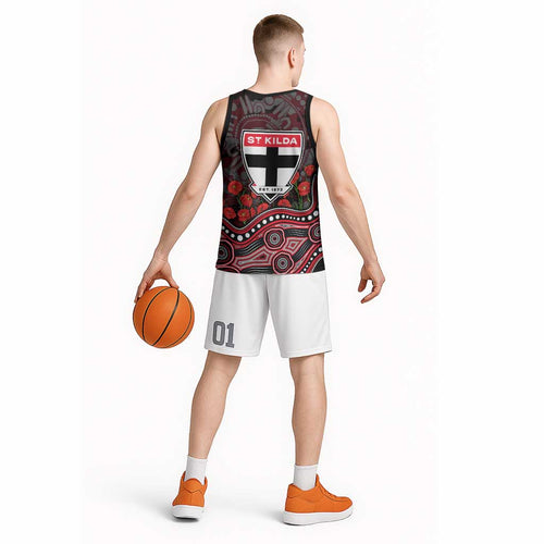 St Kilda Saints ANZAC Day Basketball Jersey Indigenous Dot Art with Poppy Flower Tribute