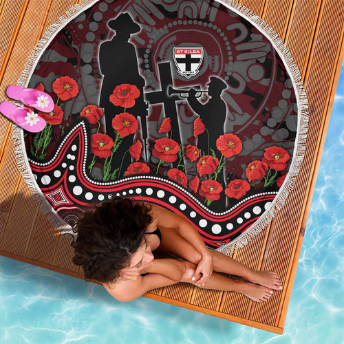 St Kilda Saints ANZAC Day Beach Blanket Indigenous Dot Art with Poppy Flower Tribute