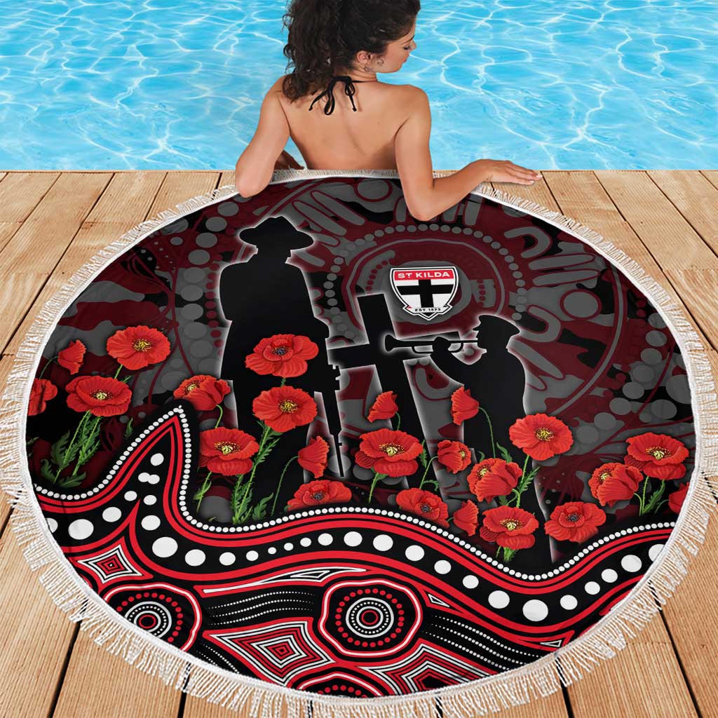 St Kilda Saints ANZAC Day Beach Blanket Indigenous Dot Art with Poppy Flower Tribute
