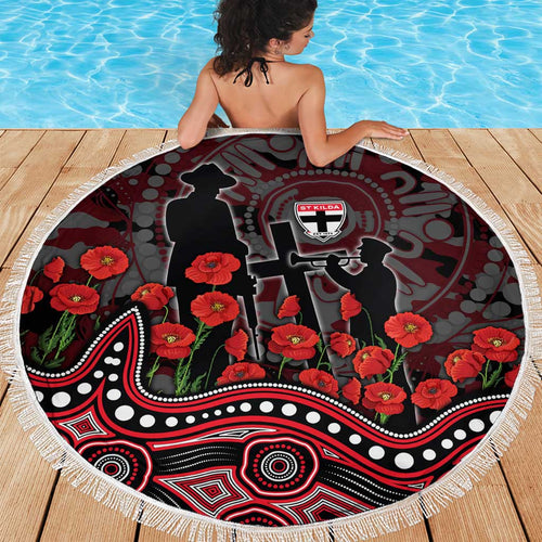 St Kilda Saints ANZAC Day Beach Blanket Indigenous Dot Art with Poppy Flower Tribute