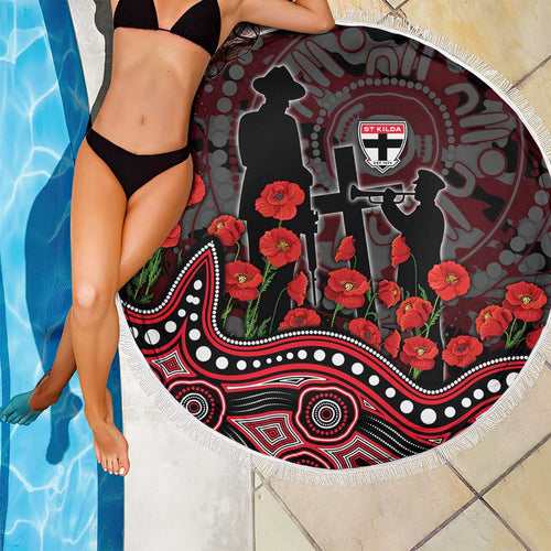 St Kilda Saints ANZAC Day Beach Blanket Indigenous Dot Art with Poppy Flower Tribute