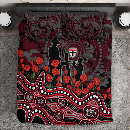 St Kilda Saints ANZAC Day Bedding Set Indigenous Dot Art with Poppy Flower Tribute