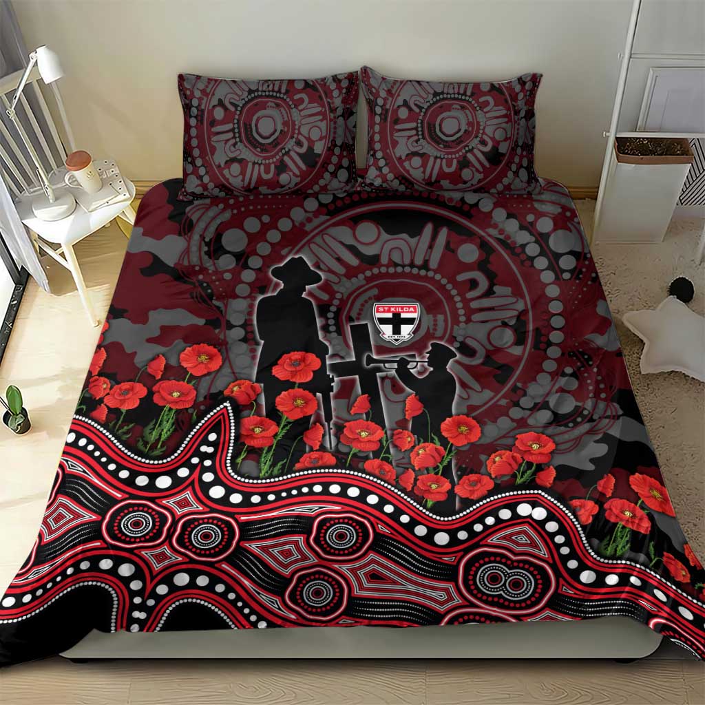 St Kilda Saints ANZAC Day Bedding Set Indigenous Dot Art with Poppy Flower Tribute