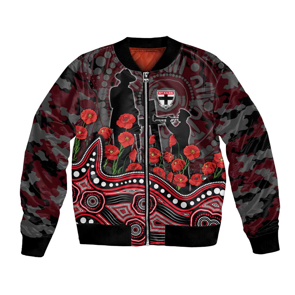 St Kilda Saints ANZAC Day Bomber Jacket Indigenous Dot Art with Poppy Flower Tribute