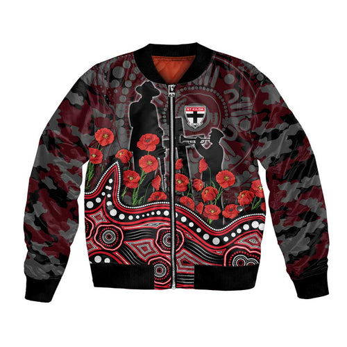 St Kilda Saints ANZAC Day Bomber Jacket Indigenous Dot Art with Poppy Flower Tribute