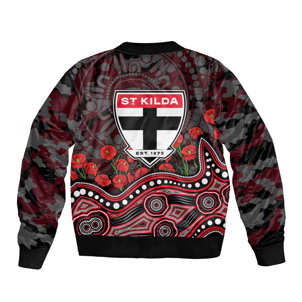 St Kilda Saints ANZAC Day Bomber Jacket Indigenous Dot Art with Poppy Flower Tribute