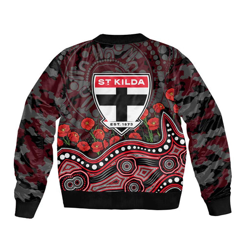 St Kilda Saints ANZAC Day Bomber Jacket Indigenous Dot Art with Poppy Flower Tribute