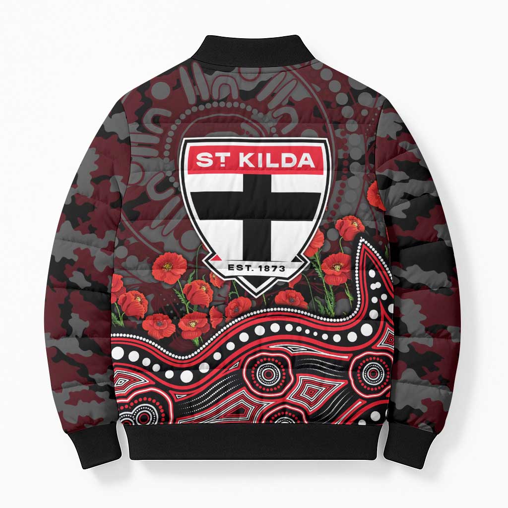 St Kilda Saints ANZAC Day Bomber Puffer Jacket Indigenous Dot Art with Poppy Flower Tribute