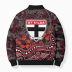 St Kilda Saints ANZAC Day Bomber Puffer Jacket Indigenous Dot Art with Poppy Flower Tribute