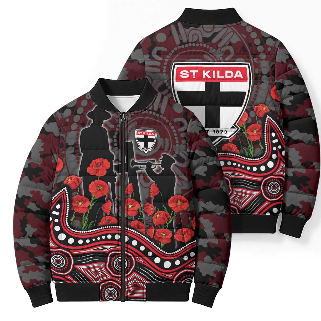St Kilda Saints ANZAC Day Bomber Puffer Jacket Indigenous Dot Art with Poppy Flower Tribute