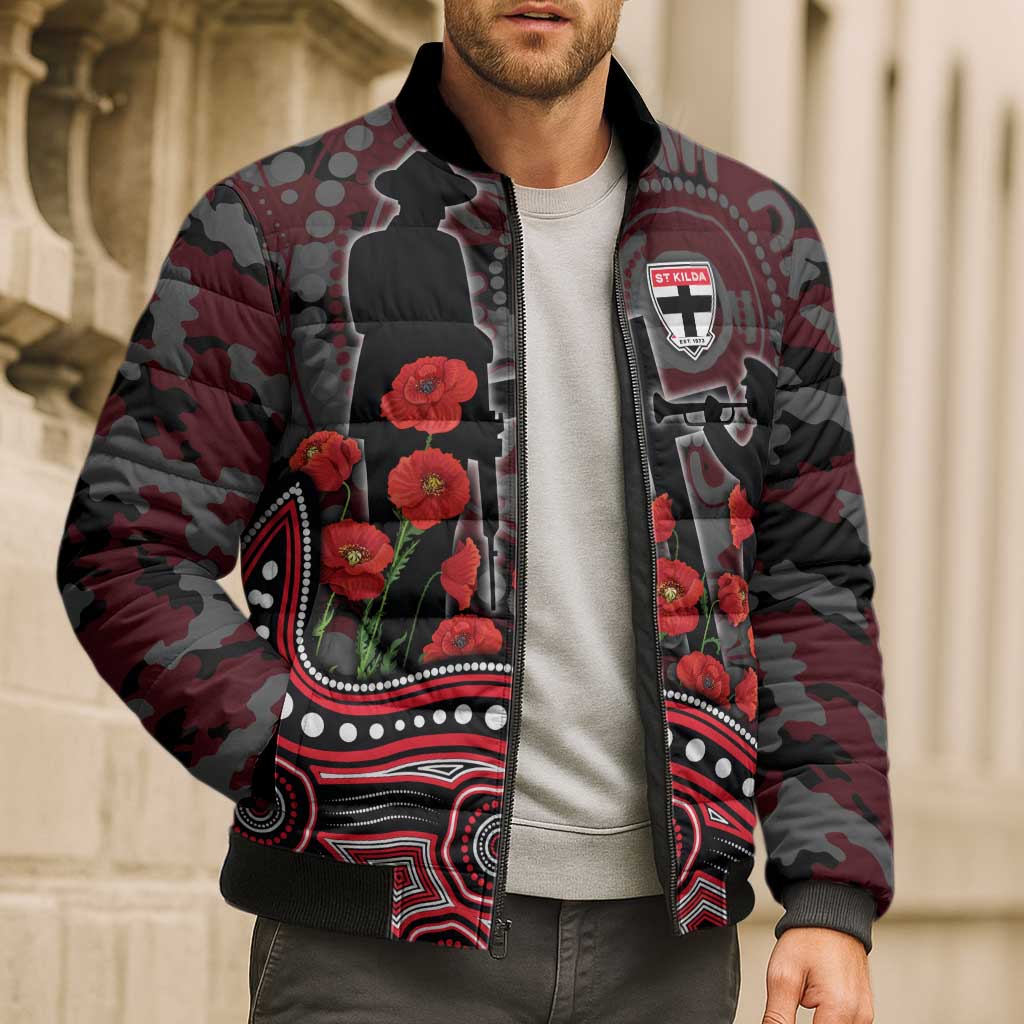 St Kilda Saints ANZAC Day Bomber Puffer Jacket Indigenous Dot Art with Poppy Flower Tribute