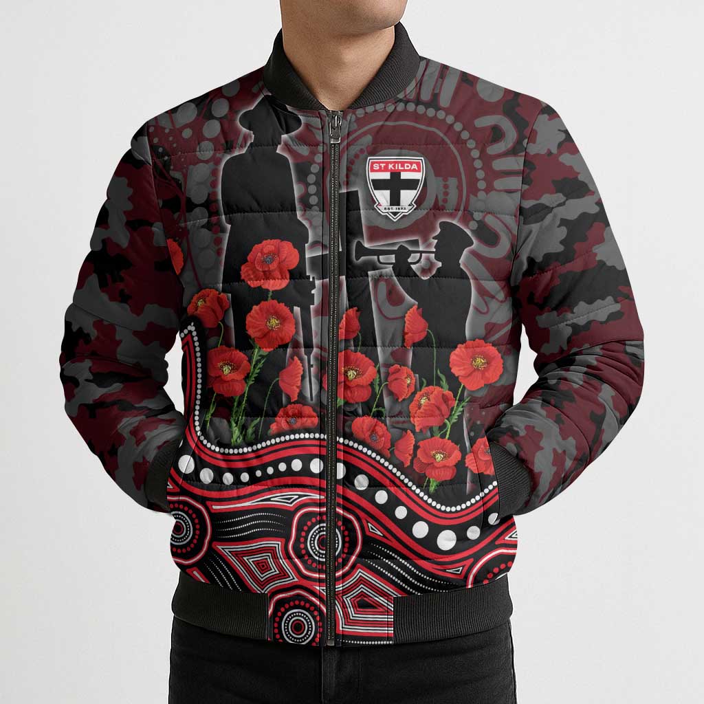 St Kilda Saints ANZAC Day Bomber Puffer Jacket Indigenous Dot Art with Poppy Flower Tribute