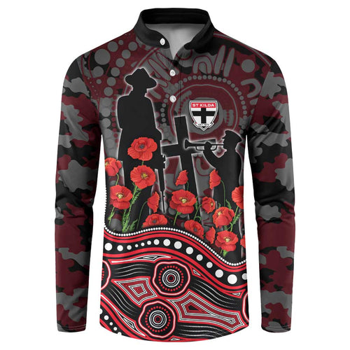 St Kilda Saints ANZAC Day Button Sweatshirt Indigenous Dot Art with Poppy Flower Tribute