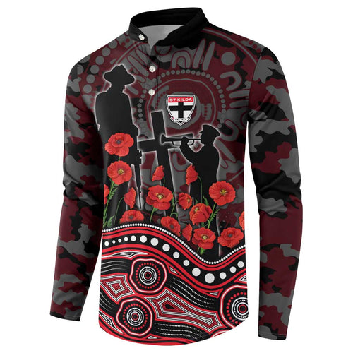 St Kilda Saints ANZAC Day Button Sweatshirt Indigenous Dot Art with Poppy Flower Tribute