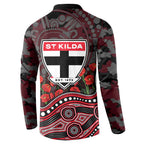 St Kilda Saints ANZAC Day Button Sweatshirt Indigenous Dot Art with Poppy Flower Tribute