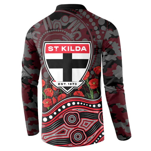 St Kilda Saints ANZAC Day Button Sweatshirt Indigenous Dot Art with Poppy Flower Tribute